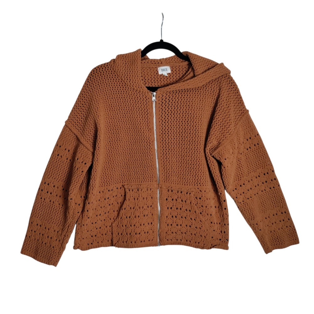 BKE Womens Rust Brown Open Knit Full Zip Hooded Cardigan Sweater Small Boho
